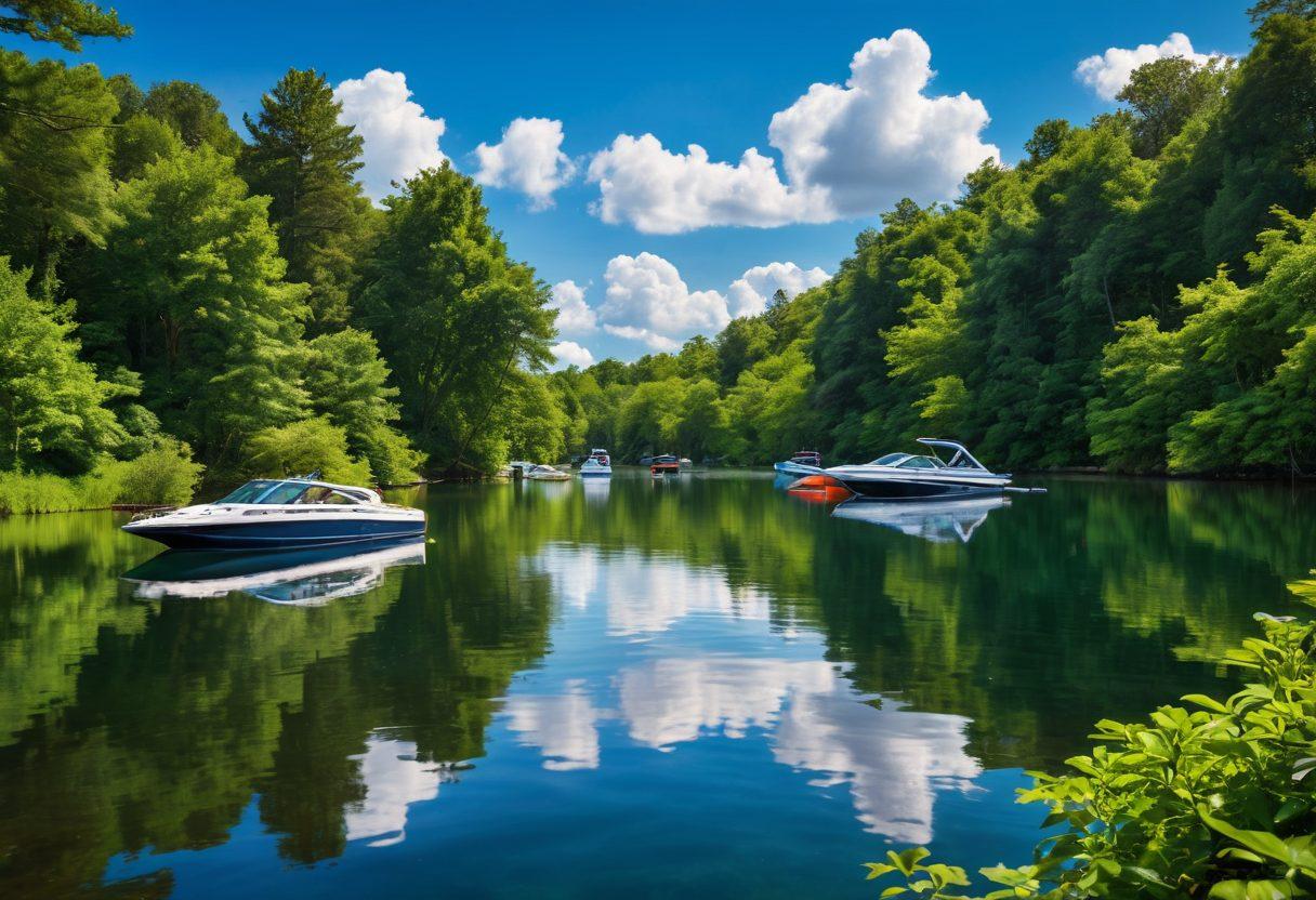 A serene lake scene showcasing various types of boats and watercraft, from sailboats to jet skis, each with vibrant insurance symbols like shields and checkmarks subtly integrated. Lush greenery surrounds the water, reflecting a sense of safety and preparedness. Include a bright blue sky with fluffy clouds to evoke a sense of calm. super-realistic. vibrant colors. natural setting.