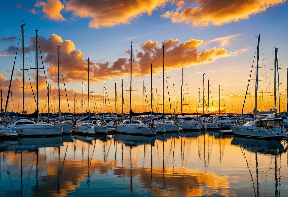 A serene marina scene showcasing a mix of sailboats and luxurious yachts docked alongside each other, with clear blue waters reflecting the sky. In the foreground, a person examining a marine insurance document while looking thoughtfully at the vessels. The background captures a sunset casting golden hues over the boats, emphasizing the tranquil yet vibrant atmosphere. super-realistic. vibrant colors. sunset backdrop.