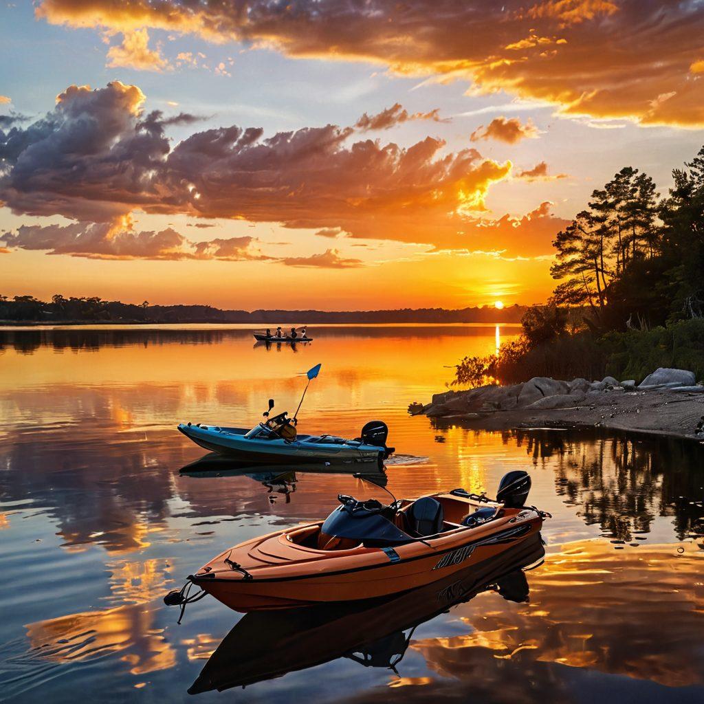 A serene lakeside scene showcasing various water vehicles including a kayak, jet ski, and fishing boat, all secured with visible insurance paperwork fluttering in the breeze. In the background, a vibrant sunset casts golden hues over the water, while a family enjoys the adventure nearby, illustrating safety and peace of mind. The atmosphere conveys a sense of protection and fun on the water. super-realistic. vibrant colors. peaceful background.